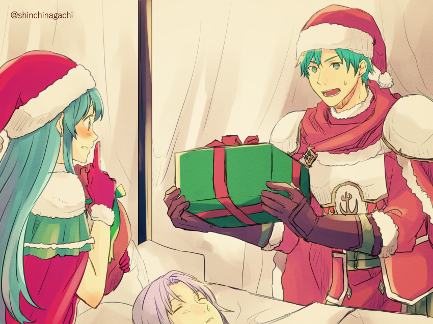 1girl alternate_costume aqua_hair blue_eyes blue_hair box brother_and_sister cape christmas eirika ephraim fire_emblem fire_emblem:_seima_no_kouseki fire_emblem_heroes fur_trim gift gift_box gloves green_hair hat highres long_hair lyon_(fire_emblem) male_focus merry_christmas nintendo nishimura_(nianiamu) purple_hair red_gloves robe sack santa_costume santa_hat short_hair siblings smile