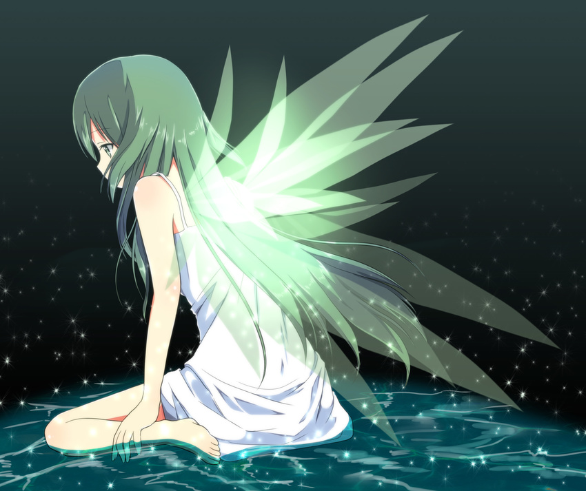 barefoot green_eyes green_hair haruno_(macoro) highres long_hair saya saya_no_uta skirt solo water white_skirt wings