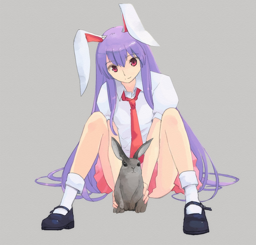 animal_ears bunny bunny_ears convenient_censoring full_body grey_background highres long_hair mary_janes necktie pinzu purple_hair red_eyes red_neckwear reisen_udongein_inaba school_uniform shoes simple_background skirt smile solo touhou very_long_hair