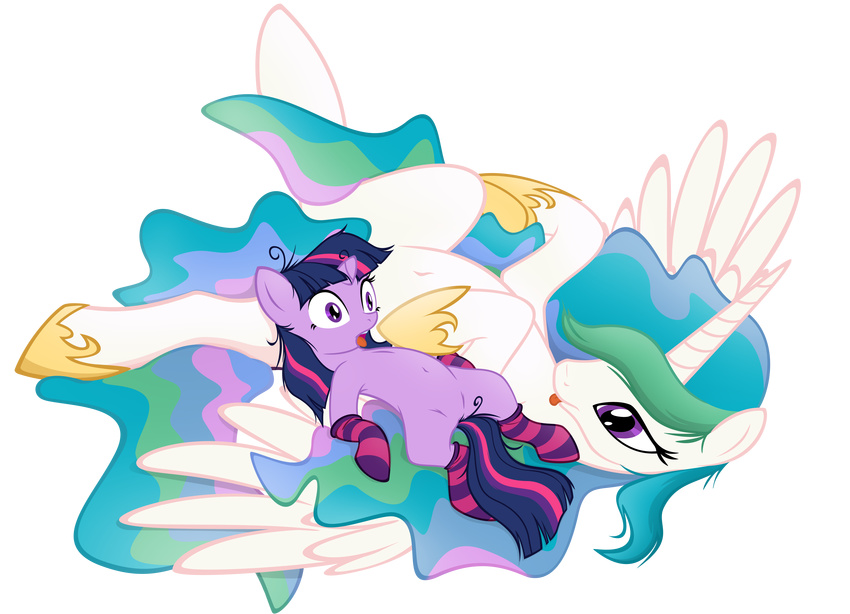 absurd_res alpha_channel celestia duo equine female feral friendship_is_magic hair hi_res horn horse junglepony mammal multi-colored_hair my_little_pony plain_background pony princess princess_celestia_(mlp) purple_eyes royalty socks tongue tongue_out transparent_background twilight_sparkle_(mlp) unicorn winged_unicorn wings