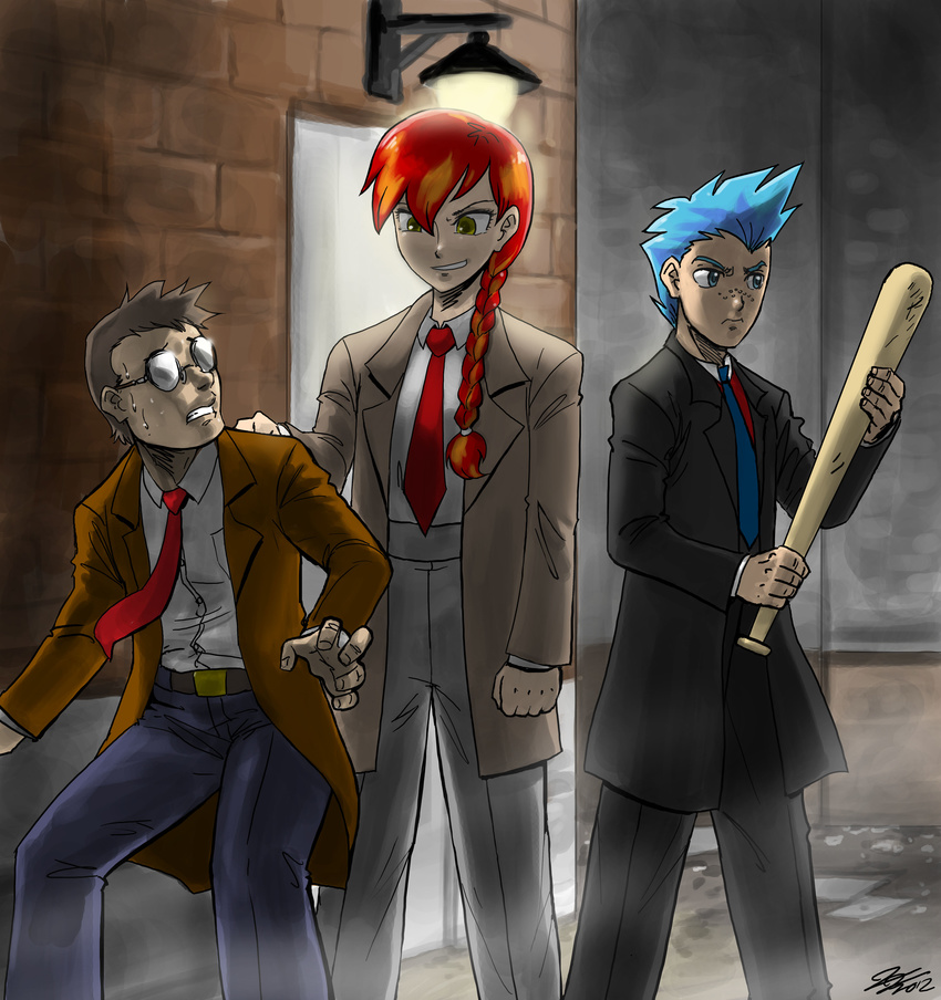 baseball_bat bat blue_eyes brown_hair coldforge eyewear female glasses hair hi_res human humanized imminent_beating john_joseco male mammal multi-colored_hair necktie shmuck sweat terrafirma two_tone_hair yellow_eyes zoot_suit