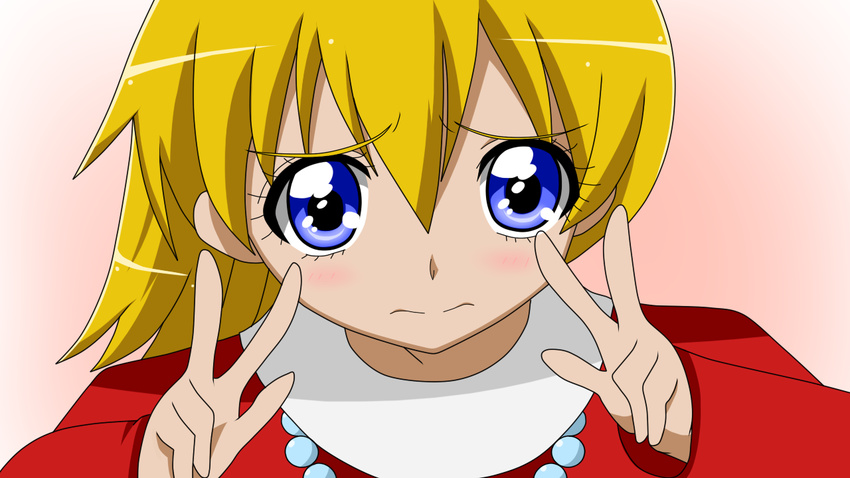 70s blonde_hair blue_eyes blush chargeman_ken! corpse_(artist) cure_peace_pose double_v dress gradient gradient_background izumi_caron jewelry knack looking_at_viewer necklace oldschool parody pink_background pixiv86384921 precure simple_background smile_precure! solo v