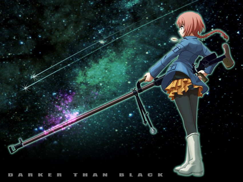 anti-materiel_rifle ass black_legwear blue_panties boots braid darker_than_black falling_star green_eyes gun hair_ribbon jacket jewelry long_hair necklace night panties panties_under_pantyhose pantyhose pantyshot ponytail ptrd-41 red_hair ribbon rifle single_braid skirt sky sniper_rifle solo standing star star_(sky) starry_sky suou_pavlichenko underwear v-mag weapon