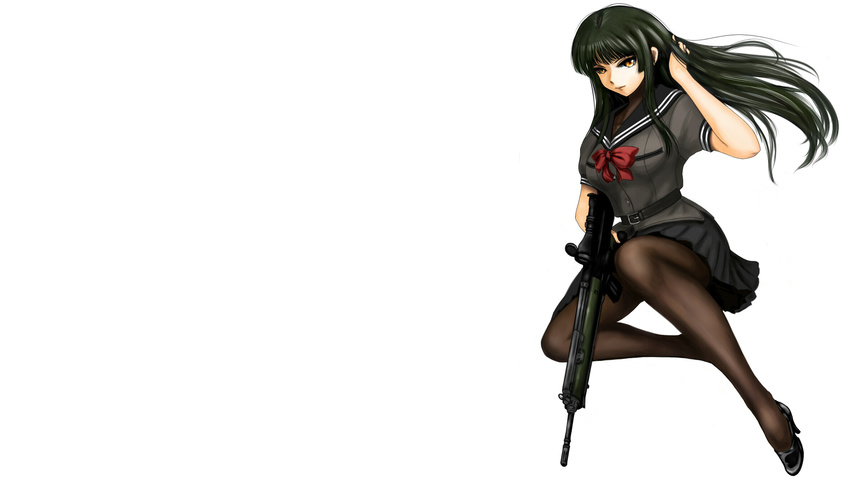 black_hair brown_eyes g3 gun pantyhose seifuku skirt weapon