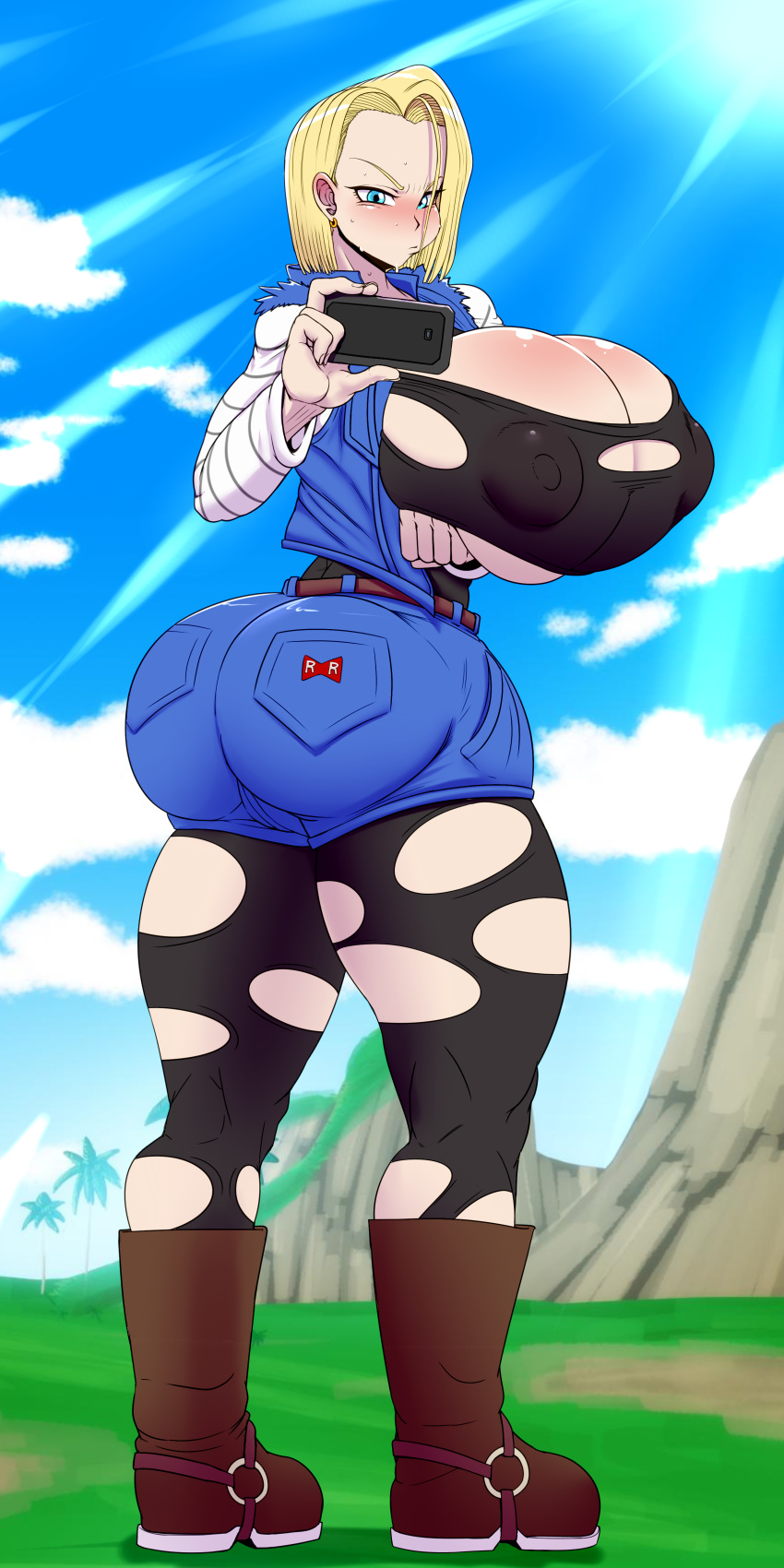 android_18 ber00 big_breasts big_butt blonde_hair blue_eyes breasts butt cellphone clothed clothing dragon_ball female hair huge_breasts human human_only hyper hyper_breasts invalid_tag mammal nipple_bulge nipples not_furry phone selfie