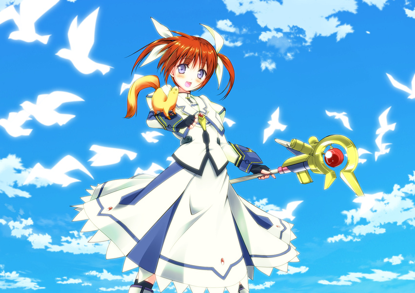 :d bird blush brown_hair cloud day dress ferret fingerless_gloves gloves hajime_kazuhito highres left-handed lyrical_nanoha magical_girl mahou_shoujo_lyrical_nanoha mahou_shoujo_lyrical_nanoha_a's mahou_shoujo_lyrical_nanoha_the_movie_2nd_a's open_mouth puffy_sleeves purple_eyes raising_heart short_twintails sky smile takamachi_nanoha twintails white_dress yuuno_scrya