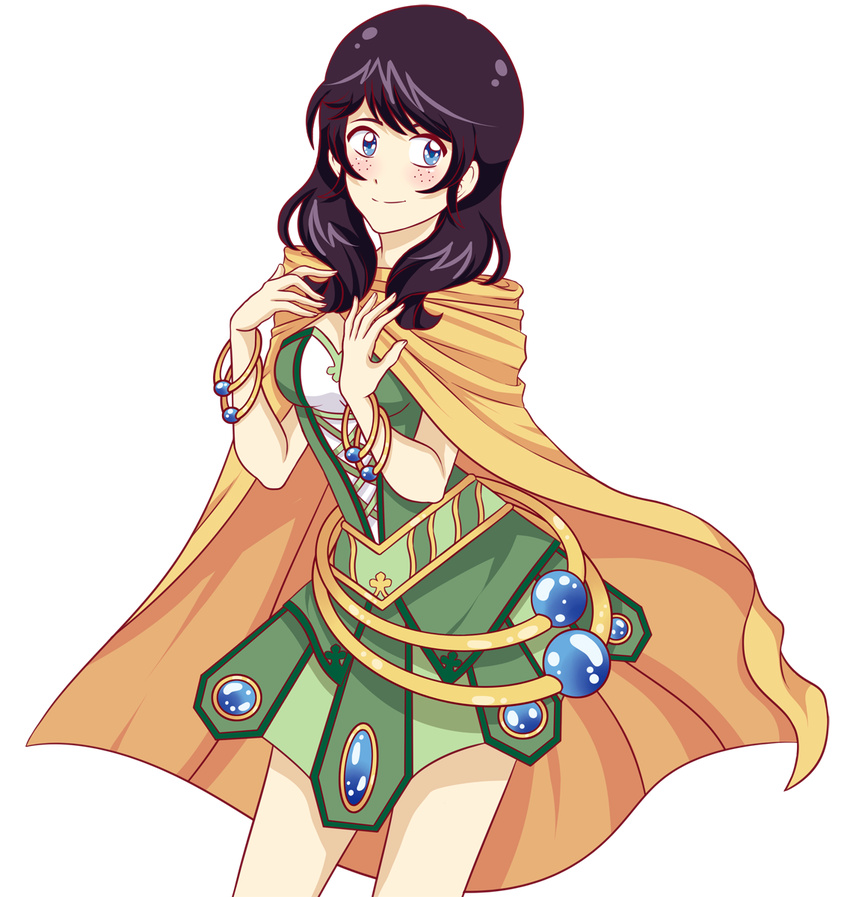 akiglancy avanna bangs black_hair blue_eyes body_blush bracelet branch breasts cable cape cleavage clover freckles highres jewelry medium_breasts official_art skirt smile solo transparent_background vocaloid