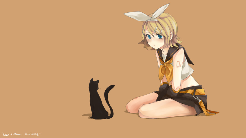 animal bad_id bad_pixiv_id belt black_cat blonde_hair blue_eyes cat detached_sleeves hair_ornament hairband hairclip highres kagamine_rin kuronyanko midriff short_hair shorts signature simple_background staring vocaloid