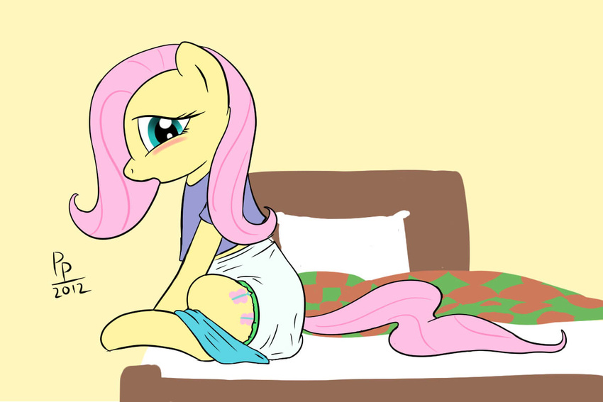 bed blue_eyes blush clothing cutie_mark diaper equine f&aelig;ces feces female feral fluttershy_(mlp) friendship_is_magic hair horse mammal my_little_pony pink_hair pony ponypadding scat solo