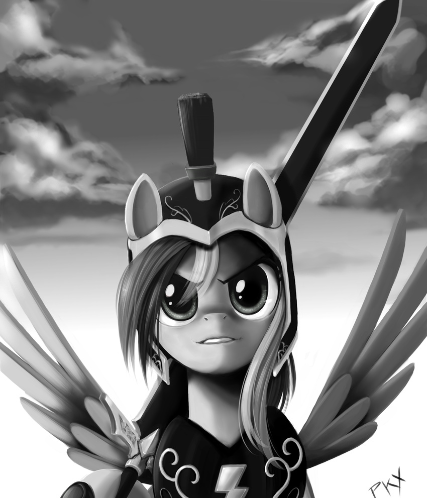 armor black_and_white cloud clouds crest equine female feral friendship_is_magic galea greatsword greyscale hair helmet horse mammal melee_weapon monochrome my_little_pony outside pegasus pony ponykillerx portrait rainbow_dash_(mlp) signature sky solo standing sword weapon wings