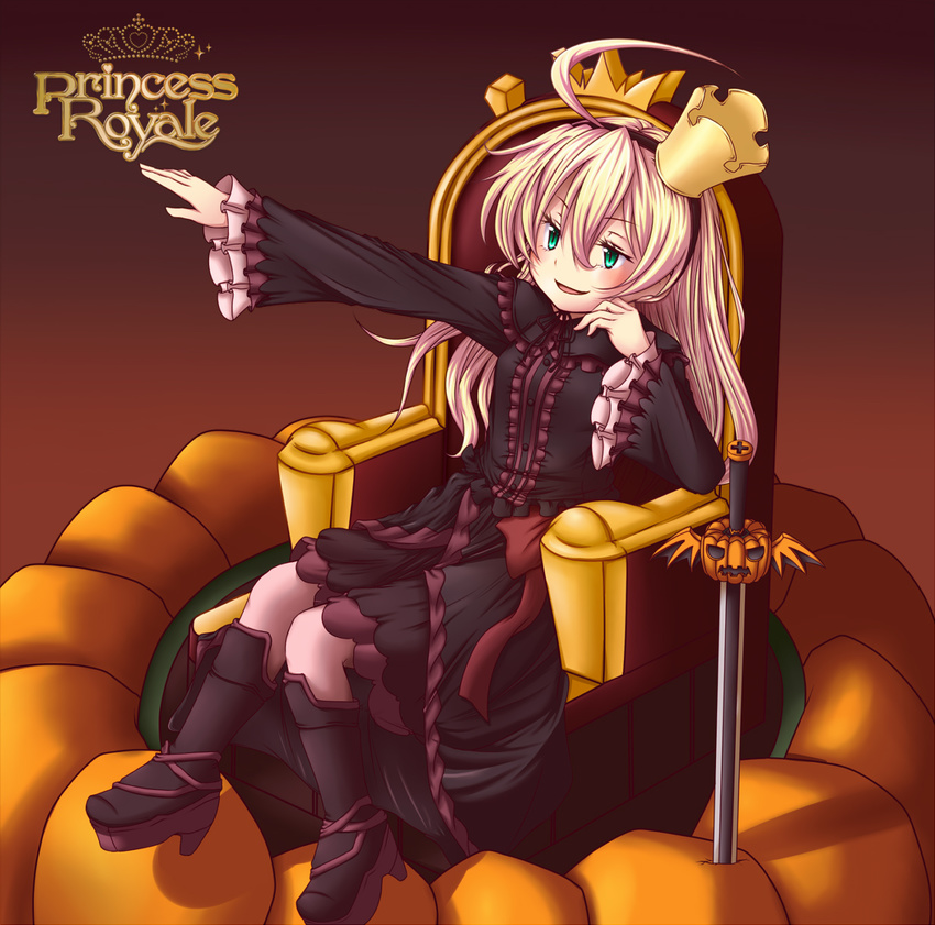 blonde_hair cinderella copyright_name crown dark_persona green_eyes highres kuena long_hair original princess_royale sitting solo sword weapon