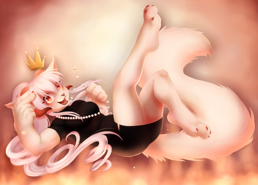 2019 4_toes 5_fingers ajna anthro clothed clothing digital_media_(artwork) felid feline female hair horn hybrid looking_at_viewer mammal smile solo toes white_hair