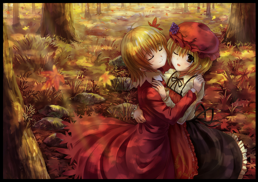 ;d absurdres ahoge aki_minoriko aki_shizuha autumn_leaves bad_id bad_pixiv_id blonde_hair blush border closed_eyes dress food fruit grapes grass hair_ornament hand_on_another's_shoulder hat highres hug leaf_hair_ornament multiple_girls mutual_hug one_eye_closed open_mouth red_eyes short_hair siblings sisters smile touhou tree yinzhai