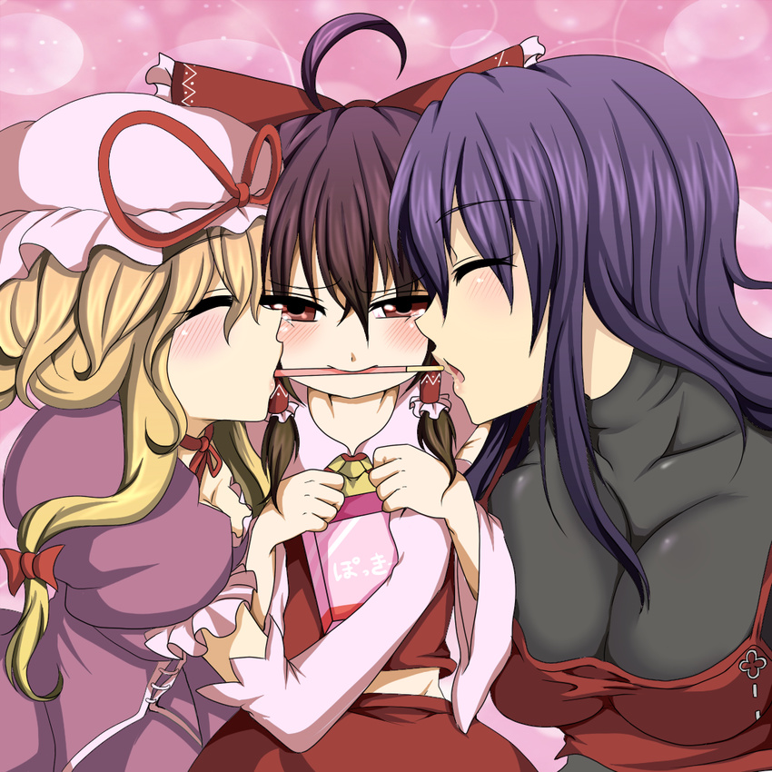 black_hair blonde_hair blush bow closed_eyes food hair_bow hair_tubes hakurei_reimu hat hat_ribbon kurobane long_hair m.u.g.e.n multiple_girls open_mouth original pocky pocky_kiss purple_hair red_eyes ribbon sendai_hakurei_no_miko shared_food short_hair smile strawberry_pocky touhou yakumo_yukari yuri