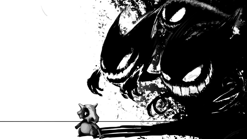 black_and_white bone creepy cubone gastly gengar ghost haunter monochrome nintendo not_furry plain_background pok&#233;mon pok&eacute;mon shadow skull smile spirit stalking unknown_artist video_games white_background