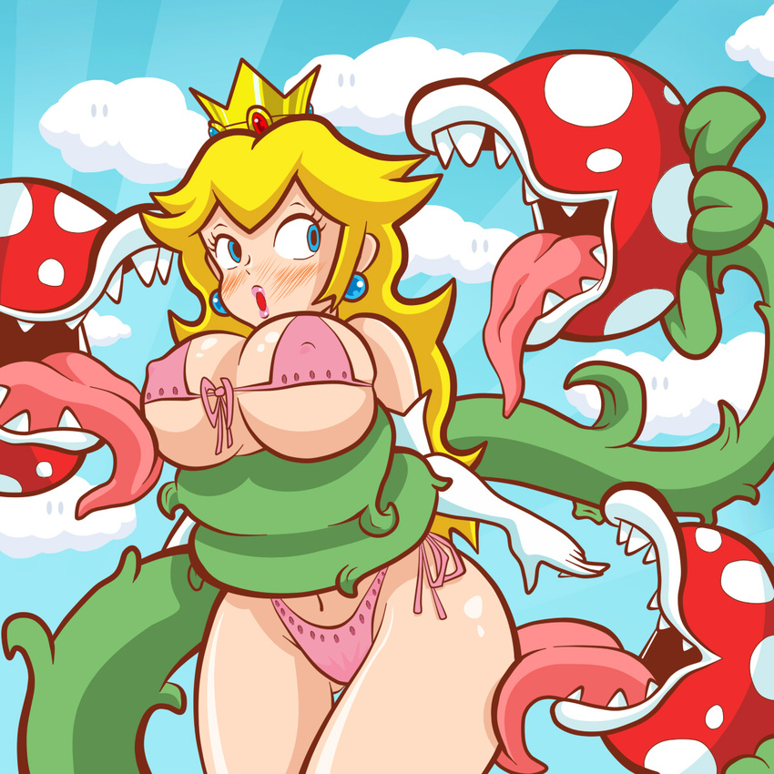 1girl artist_requested bdsm bikini blonde_hair blue_eyes blush bondage bound breast_licking breasts cloud crown earrings elbow_gloves eyes gloves highres imminent_rape jewelry large_breasts licking mario_(series) mcree114 navel nintendo nipples pink_bikini piranha_plant plant princess princess_peach sharp_teeth sky source_requested super_mario_bros. swimsuit teeth thigh_licking tongue tongue_out you_gonna_get_raped