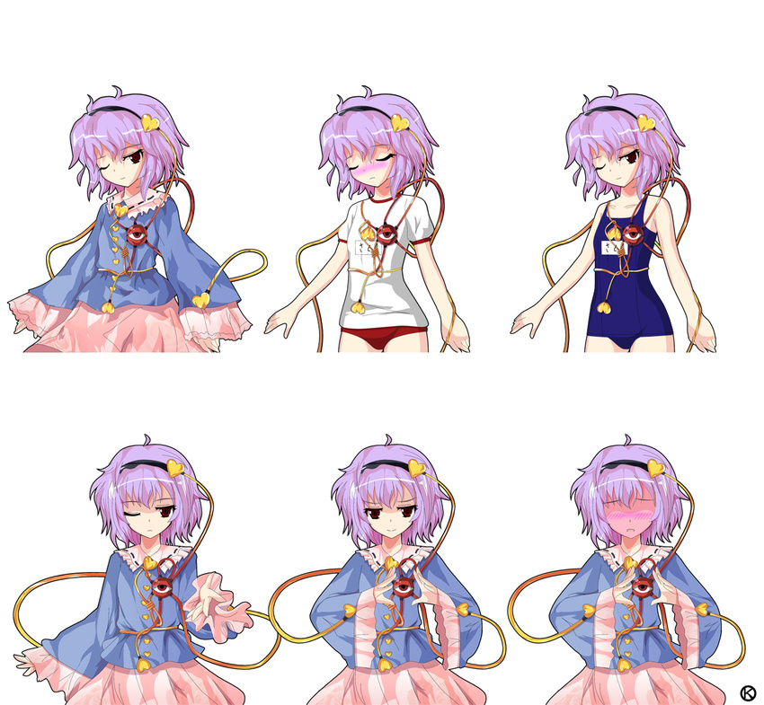 &gt;:) alphes_(style) alternate_costume blush buruma closed_eyes full-face_blush hairband heart highres kaoru_(gensou_yuugen-an) komeiji_satori long_sleeves looking_at_viewer name_tag no_eyes one-piece_swimsuit one_eye_closed parody pink_hair red_eyes school_swimsuit shirt short_hair simple_background skirt smile style_parody swimsuit third_eye touhou v-shaped_eyebrows white_background