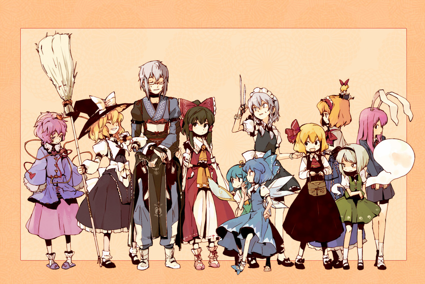 6+girls alice_margatroid animal_ears black_hair blonde_hair blue_hair bow broom bunny_ears child cirno daiyousei doll ghost glasses hair_bow hair_ribbon hairband hakurei_reimu hat izayoi_sakuya kirisame_marisa knife komeiji_satori konpaku_youmu konpaku_youmu_(ghost) morichika_rinnosuke multiple_girls pink_hair reisen_udongein_inaba revision ribbon rumia shanghai_doll silver_hair sweatdrop tcmk touhou wavy_mouth weapon wings witch_hat