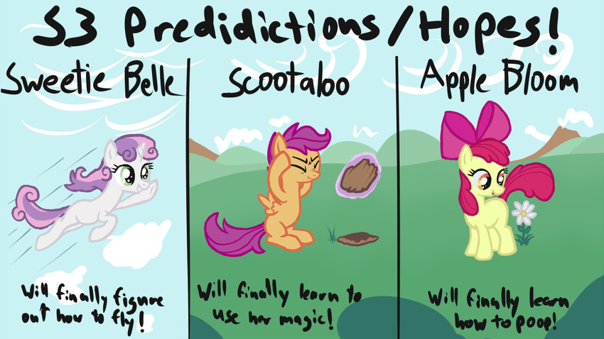 arrkhal bow cloud concentration cub cutie_mark_crusaders_(mlp) english_text equine female feral flower flying friendship_is_magic fur grass green_eyes hair happy horn horse magic mammal mix mountain my_little_pony orange_eyes orange_fur pegasus pony purple_hair red_hair scootaloo_(mlp) sky squint sweetie_belle_(mlp) text two_tone_hair unicorn white_fur wings yellow_fur young