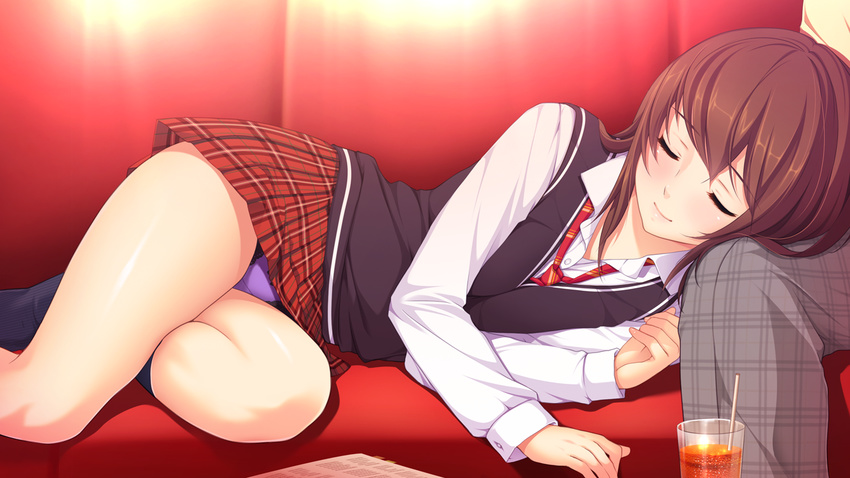 brown_hair game_cg hatsukoi_1/1 koizumi_amane panties seifuku skirt sleeping tokizaki_maya underwear