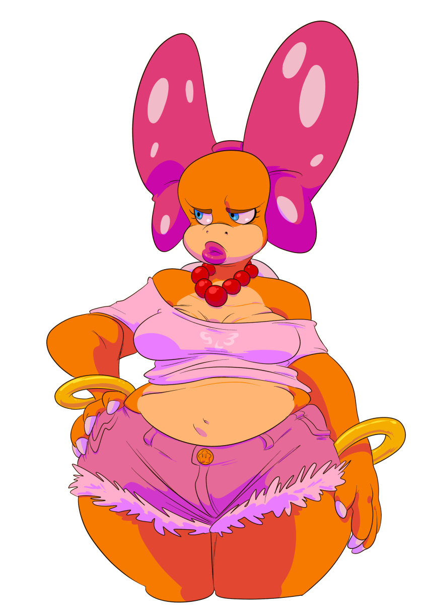 2015 absurd_res anthro big_breasts big_lips blue_eyes bracelet breasts cleavage clothed clothing cutoffs denim denim_shorts female hair_bow hair_ribbon hi_res jewelry koopa koopaling lips mario_bros midriff necklace nintendo non-mammal_breasts pouting ribbons scalie shirt shorts simple_background slb solo thick_thighs video_games voluptuous wendy_o_koopa white_background wide_hips