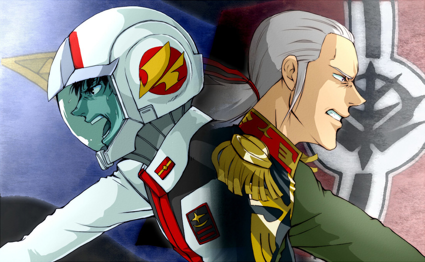 anavel_gato flag gundam gundam_0083 helmet kou_uraki long_hair military military_uniform mugi_(mugi24) multiple_boys pilot_suit ponytail silver_hair uniform