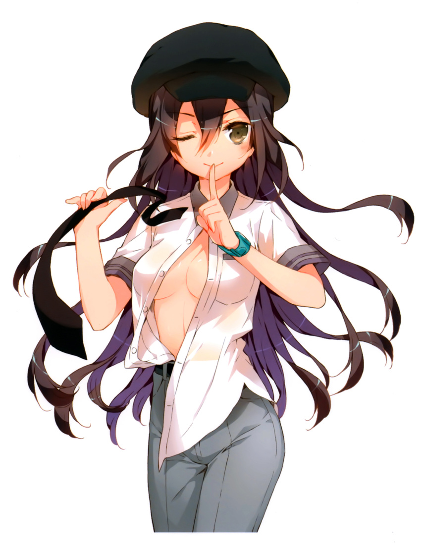 ;) absurdres black_hair breasts brown_eyes cabbie_hat cleavage closed_mouth cuteg finger_to_mouth hat highres kono_naka_ni_hitori_imouto_ga_iru! long_hair looking_at_viewer medium_breasts mizutani_ikusu necktie no_bra official_art one_eye_closed open_clothes open_shirt scan see-through_silhouette shirt slacks smile solo untied untucked