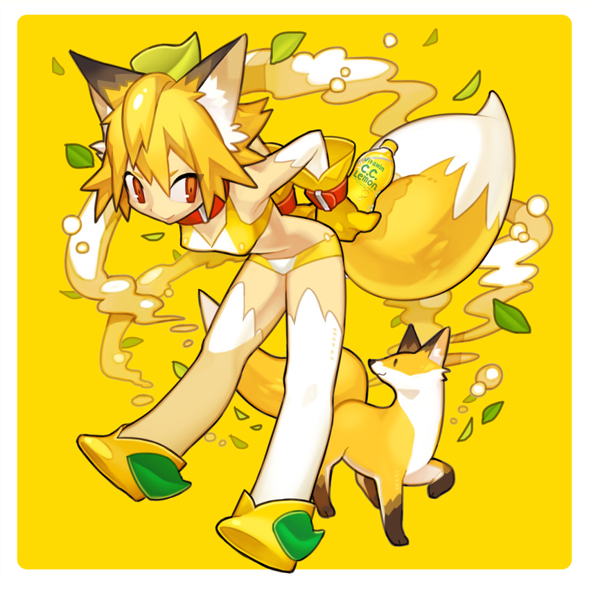 animal_ears blonde_hair bottle c.c._lemon c.c._lemon_(character) fox fox_ears fox_tail haruo_(clownberry) highres simple_background smile solo tail yellow yellow_background