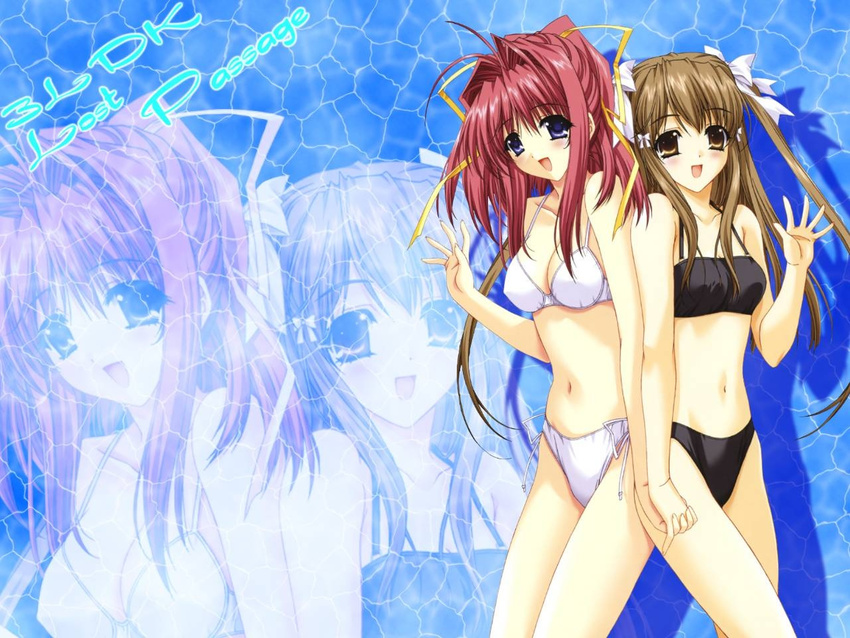 3ldk back-to-back bikini blue_eyes brown_eyes brown_hair crossover holding_hands kimizuka_aoi long_hair lost_passage multiple_girls non-web_source pink_hair senoo_chihogi side-tie_bikini swimsuit twintails wallpaper waving yamabuki_sayuki zoom_layer