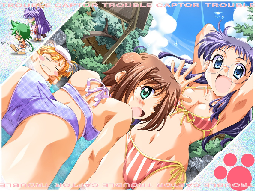 :d =_= armpits arms_up ass bikini blonde_hair blue_eyes blush breasts brown_hair checkered checkered_bikini chibi cleavage day dutch_angle fang front-tie_top glasses green_eyes green_hair hinomiya_natsuha long_hair looking_back medium_breasts mitsuba_(torakapu!) multiple_girls navel non-web_source ogishima_kayo onsen open_mouth ouki_(torakapu!) outdoors photo_(object) purple_hair shizuna_(torakapu!) short_hair side-tie_bikini smile striped striped_bikini striped_swimsuit swimsuit takeya_masami torakapu! wading wallpaper