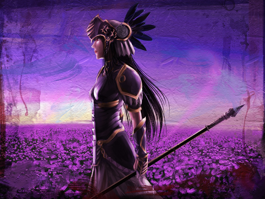 armor armored_dress artist_request black_armor black_hair brown_eyes dress feathers helmet highres hrist_valkyrie long_hair purple_background solo staff valkyrie_profile wallpaper