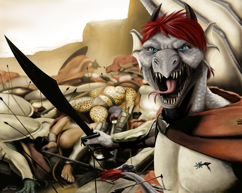 arrow battle blue_eyes bracer cape charging dragon drooling ear_fins fangs feline frills hair horn leonidas leopard male mammal muscles open_mouth pachua pecs polearm red_hair saliva shield snarling spartan spear sword thetigress this_is_sparta tongue warrior weapon white_membrane wounded