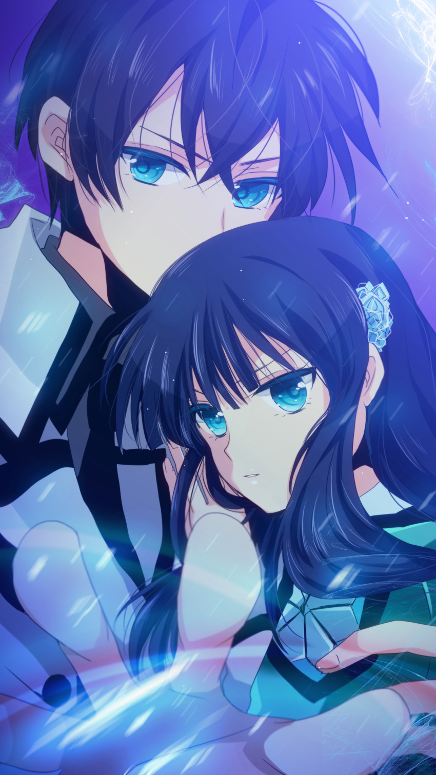 1boy 1girl absurdres arm_around_shoulder bangs black_hair blue_eyes brother_and_sister casting_spell firing_at_viewer first_high_school_uniform hair_between_eyes hair_ornament hand_on_another's_chest highres leaning_on_person long_hair magic mahouka_koukou_no_rettousei marirero_a outstretched_hand parted_lips school_uniform shiba_miyuki shiba_tatsuya siblings upper_body