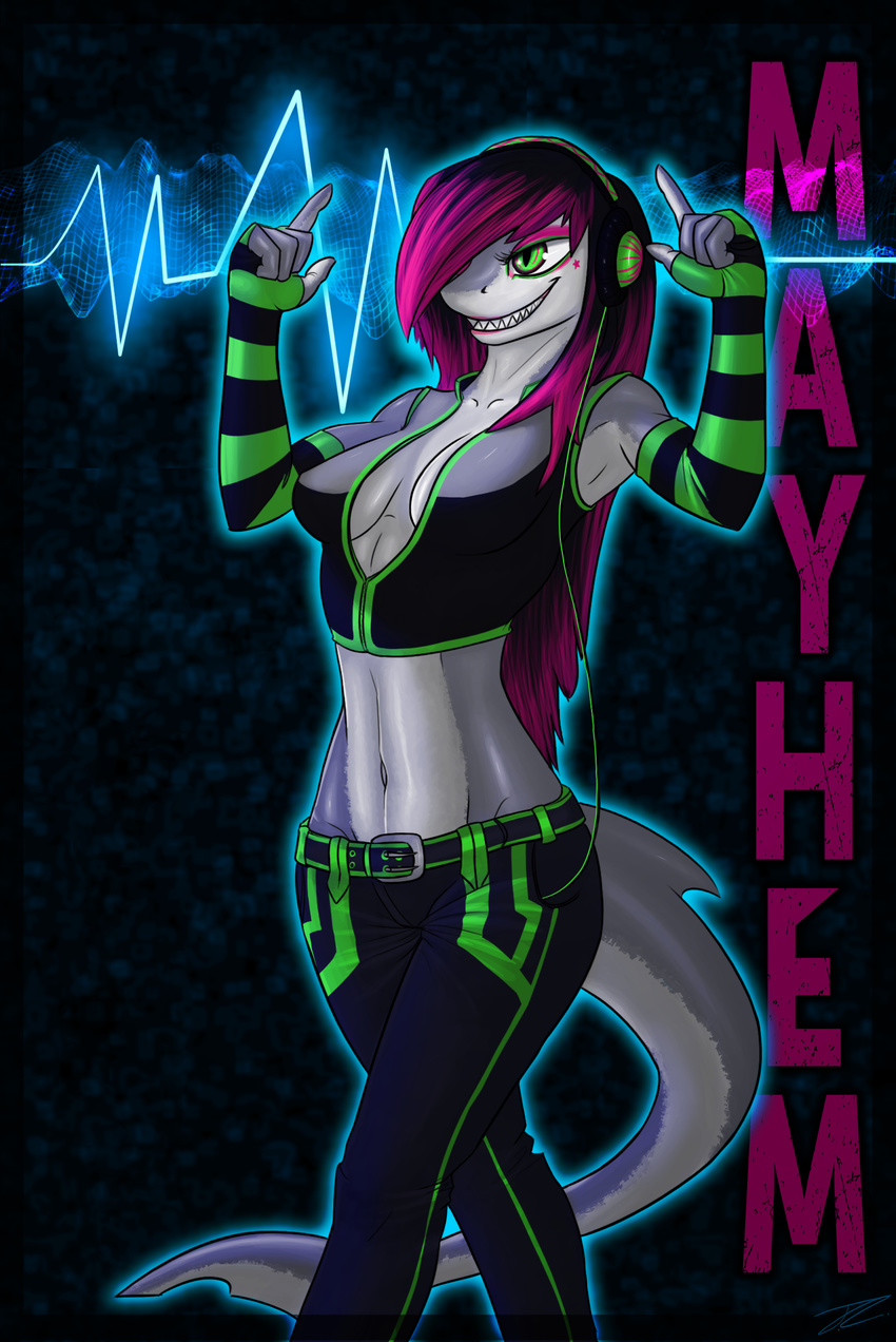 aquatic arm_warmers breasts dyed_hair female fish headphones marine mayhem mayhem_(renard) neon neon_lights renard shark smile spikeshi teeth toaster_repairpony