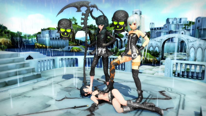 3girls alice bikini black_hair black_rock_shooter black_rock_shooter_(character) boots dead_master feet femdom foot foot_on_head highres long_hair mikumikudance mmd multiple_girls outdoors scythe short_hair stepping swimsuit sword weapon white_hair yuri