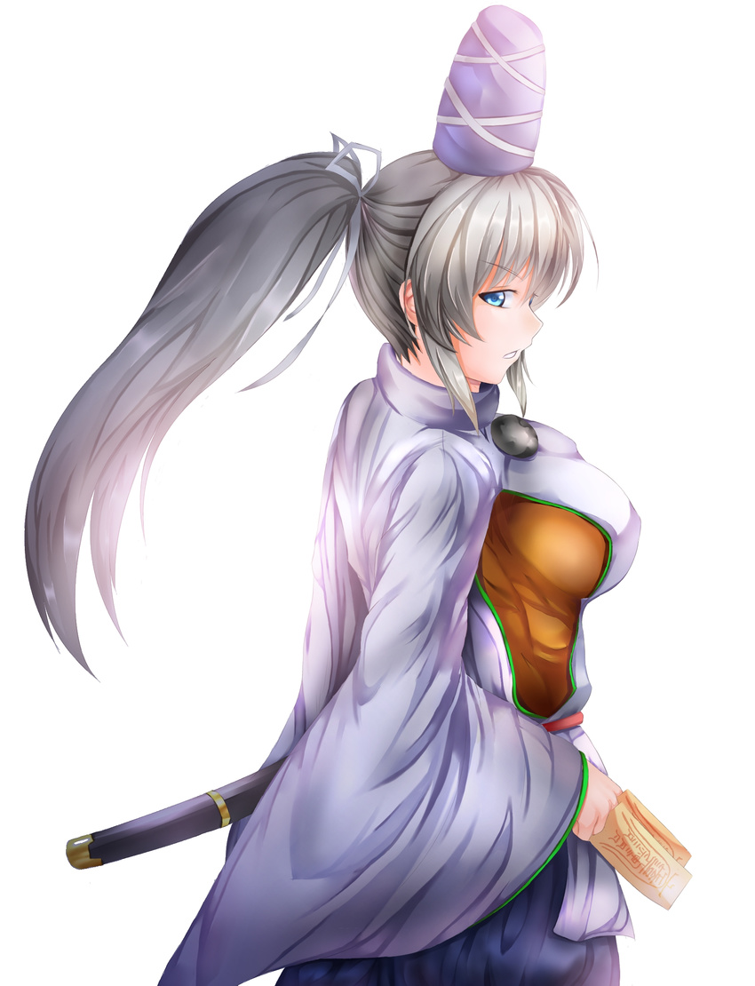 breasts hat highres japanese_clothes kariginu large_breasts long_hair long_sleeves mononobe_no_futo nikonikosiro ofuda ponytail profile silver_hair skirt solo sword tate_eboshi touhou weapon wide_sleeves