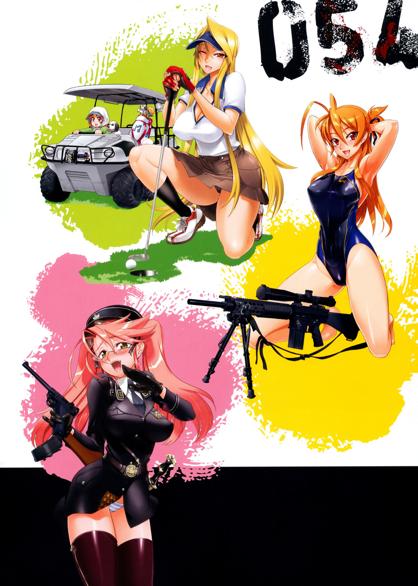 absurdres argo_atv armalite_ar-10 armpits arms_behind_head ball bangs black_gloves black_legwear blush breasts brown_eyes cleavage collarbone competition_swimsuit dog eyebrows_visible_through_hair fingerless_gloves glasses gloves golf_ball golf_cart golf_club gun handgun hat highres highschool_of_the_dead huge_filesize kneeling large_breasts luger_p08 maresato_alice marikawa_shizuka military military_uniform miyamoto_rei multiple_girls necktie one-piece_swimsuit one_eye_closed open_mouth panties pink_hair polo_shirt puppy rifle satou_shouji scan shoes short_sleeves skirt sneakers striped striped_panties swimsuit takagi_saya twintails underwear uniform vehicle_request visor_cap weapon zeke_(highschool_of_the_dead)