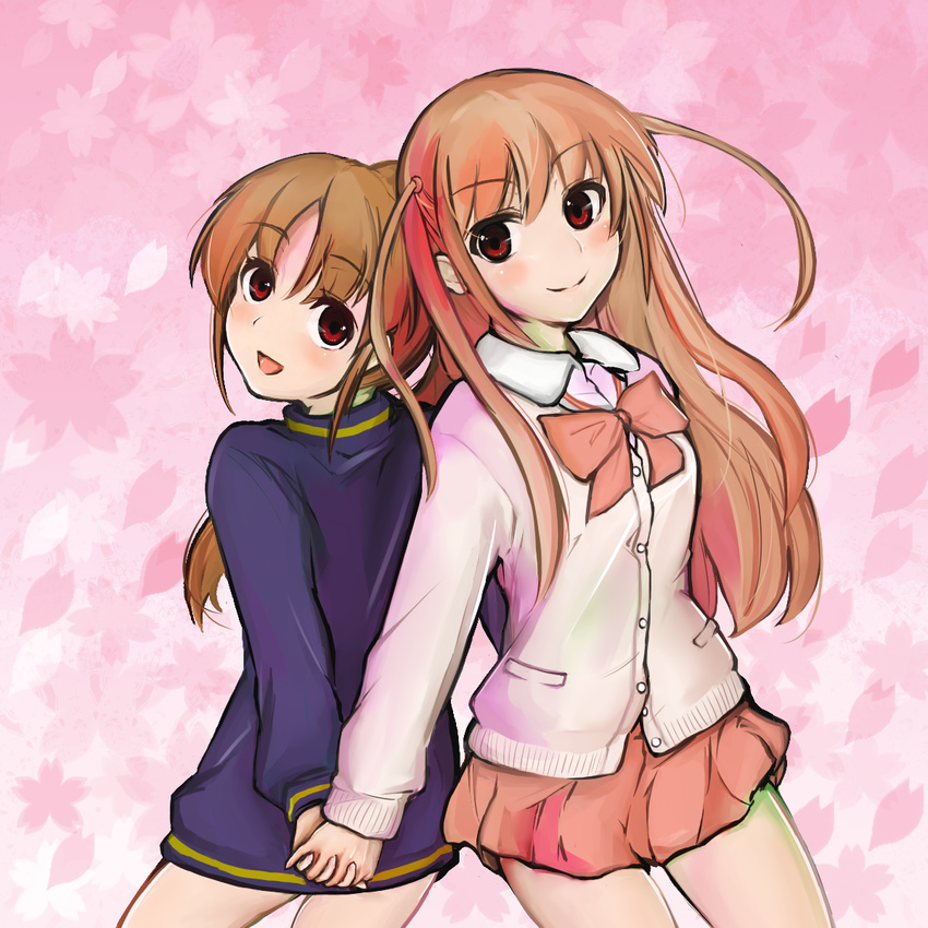 achiga_school_uniform atarashi_ako back-to-back blush bottomless brown_eyes brown_hair cardigan derivative_work highres holding_hands jacket long_hair long_sleeves misogi_(misogi1341) multiple_girls naked_track_jacket no_panties no_pants ponytail ribbon saki saki_achiga-hen smile takakamo_shizuno track_jacket