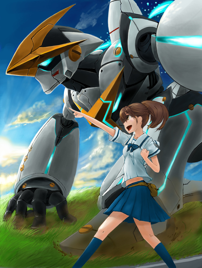 bad_id bad_pixiv_id bow brown_eyes brown_hair cloud day glowing glowing_eyes gunvarel highres mecha morimoka pointing ponytail robotics;notes school_uniform senomiya_akiho short_hair skirt sky socks