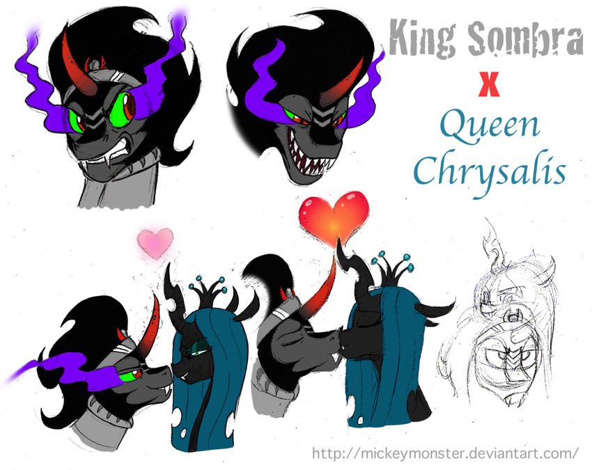 &lt;3 black_hair changeling couple crown english_text equine eye_mist fangs female feral friendship_is_magic green_eyes green_hair hair holes horn horse king king_sombra_(mlp) kissing long_hair male mammal mickeymonster my_little_pony pony queen queen_chrysalis_(mlp) red_eyes royalty shipping sketch text