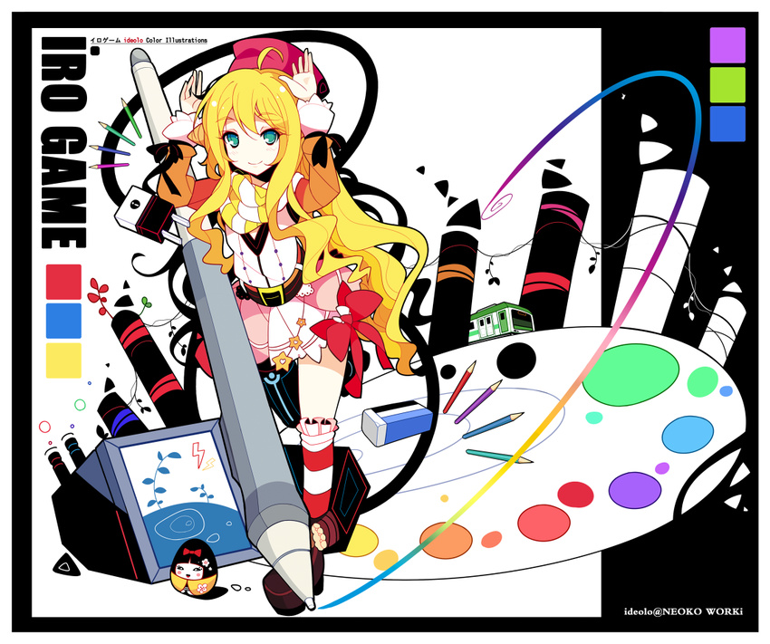 abstract ahoge arms_up blonde_hair blush bow eraser green_eyes hat ideolo long_hair no_nose over-kneehighs palette pencil rainbow_order revision ribbon sample shoes skirt smile solo striped striped_legwear stylus thighhighs tombow_mono vest