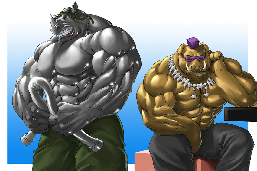 anthro bebop biceps big_muscles boar clenched_teeth clothed clothing duo echin eyewear fangs flexing fur glasses goggles grey_skin hair half-dressed horn male mammal muscles mutant necklace pants pecs piercing porcine purple_hair rhinoceros ripped rocksteady shine teenage_mutant_ninja_turtles teeth toned topless tusks warthog