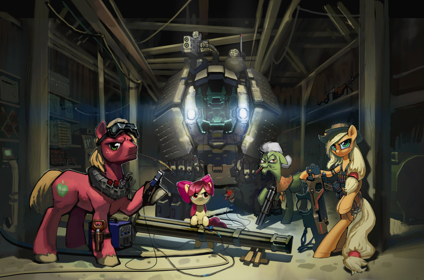 absurd_res amber_eyes angry apple_bloom_(mlp) applejack_(mlp) barn big_macintosh_(mlp) blonde_hair bow brother_and_sister bullets canine cowboy_hat cub cutie_mark dog engineer equine eyewear female feral friendship_is_magic fur goggles granny_smith_(mlp) green_eyes green_fur group gun hair hat hi_res horse looking_at_viewer machine male mammal mechanical minigun my_little_pony orange_fur pony ranged_weapon red_eyes red_fur robot scarf shell shotgun sibling sisters tan_fur tools vombavr weapon wheat wire wrench yoke young
