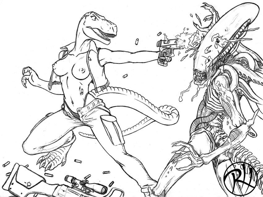 alien_(franchise) blood breasts dinosaur female greyscale gun monochrome pistol predaguy psg-1 ranged_weapon scalie sniper tyrannosaurus tyrannosaurus_rex weapon xenomorph