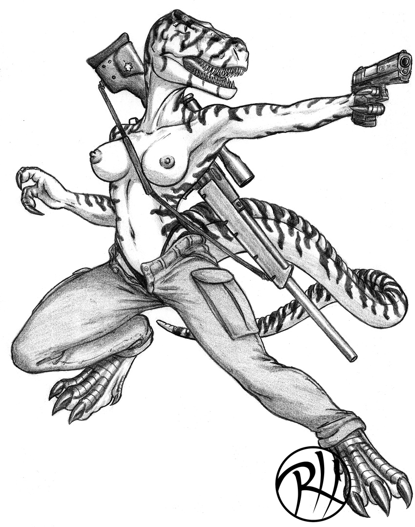 breasts clothed clothing dinosaur female glock greyscale gun half-dressed monochrome nipples plain_background predaguy psg-1 ranged_weapon scalie sniper solo topless tyrannosaurus_rex weapon white_background