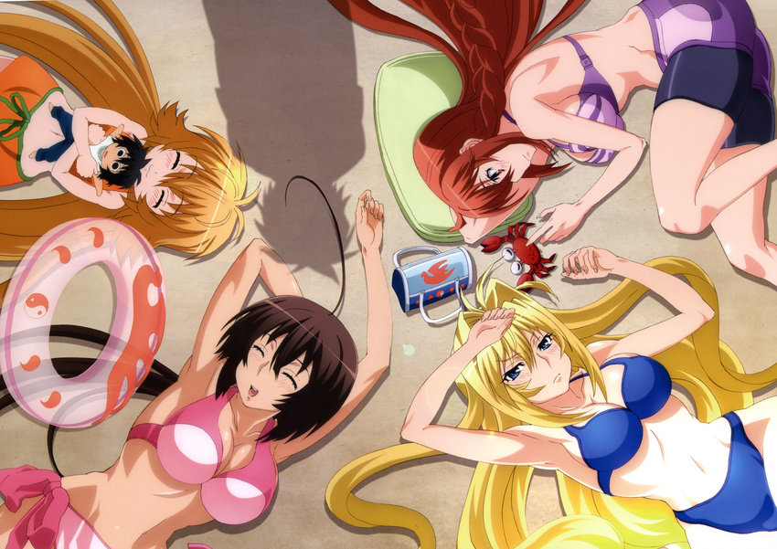 absurdres ahoge armpits bag beach bike_shorts bikini blonde_hair blush braid breasts brown_hair eyes_closed handbag highres innertube kusano large_breasts long_hair matsu_(sekirei) musubi purse red_hair sahashi_minato sekirei swimsuit tsukiumi