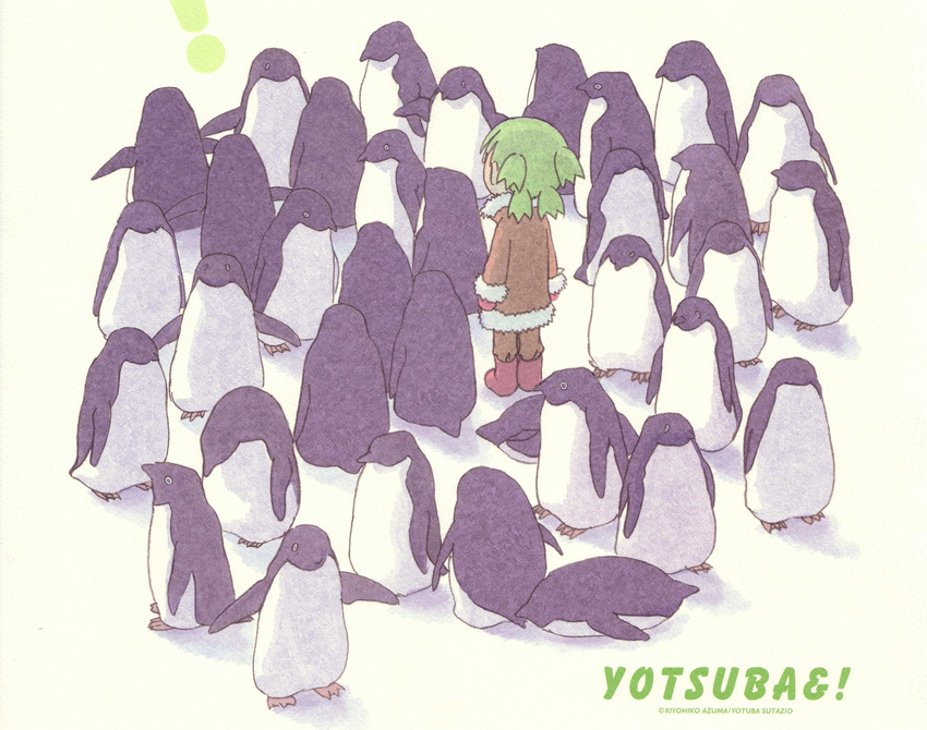 absurdres animal arms_at_sides artist_name azuma_kiyohiko bird boots brown_coat brown_pants child coat copyright_name facing_away flock fur-trimmed_coat fur_trim highres koiwai_yotsuba long_sleeves looking_at_viewer lying mittens odd_one_out official_art on_stomach pants penguin quad_tails red_footwear scan standing yotsubato!