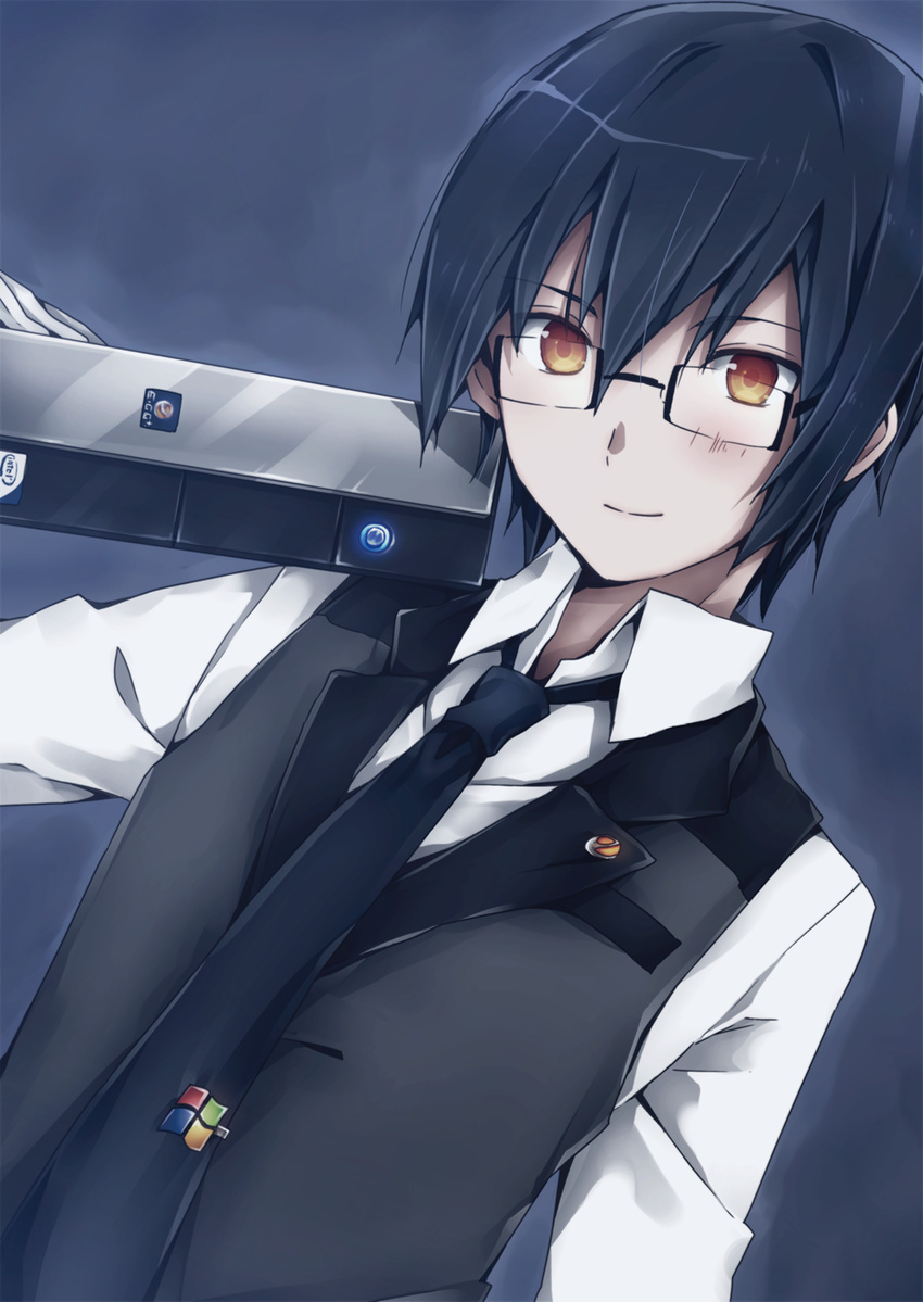 bad_id bad_pixiv_id badge black_hair blush brown_hair computer dress_shirt glasses highres holding intel looking_at_viewer male_focus microsoft natsu_natsuna necktie original shirt sleeveless_blazer smile solo waistcoat white_shirt