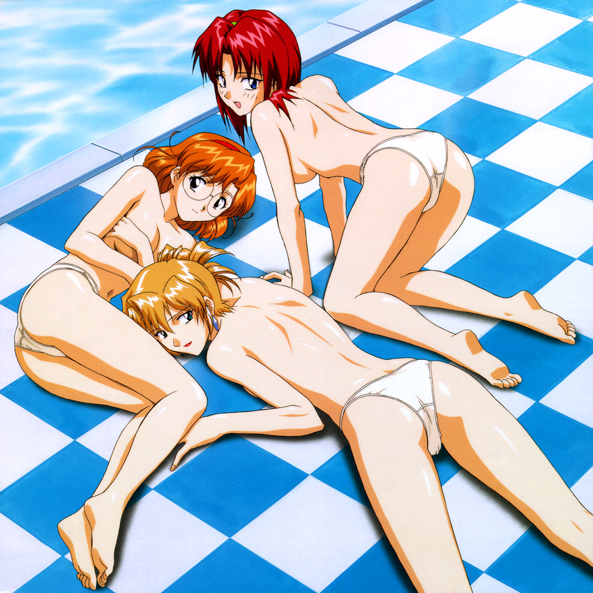 90s absurdres agent_aika aida_rion aika_(series) alexymetalia_maypia all_fours ass back bangs bare_back bare_legs barefoot black_eyes blonde_hair blue_eyes breast_hold breasts brown_hair checkered checkered_floor closed_mouth collarbone convenient_arm covering covering_breasts cropped_legs crotch_seam day earrings eyebrows_visible_through_hair feet folded_ponytail full_body glasses hair_up hairband highres jewelry kneepits legs lipstick long_hair looking_at_viewer looking_back lying makeup medium_breasts multiple_girls navel no_bra official_art on_floor on_side on_stomach open_mouth orange_hair outdoors panties perspective ponytail pool poolside red_hair red_lips scan short_hair shoulder_blades sideboob smile sumeragi_aika thighs topless underwear underwear_only water white_panties yamauchi_noriyasu