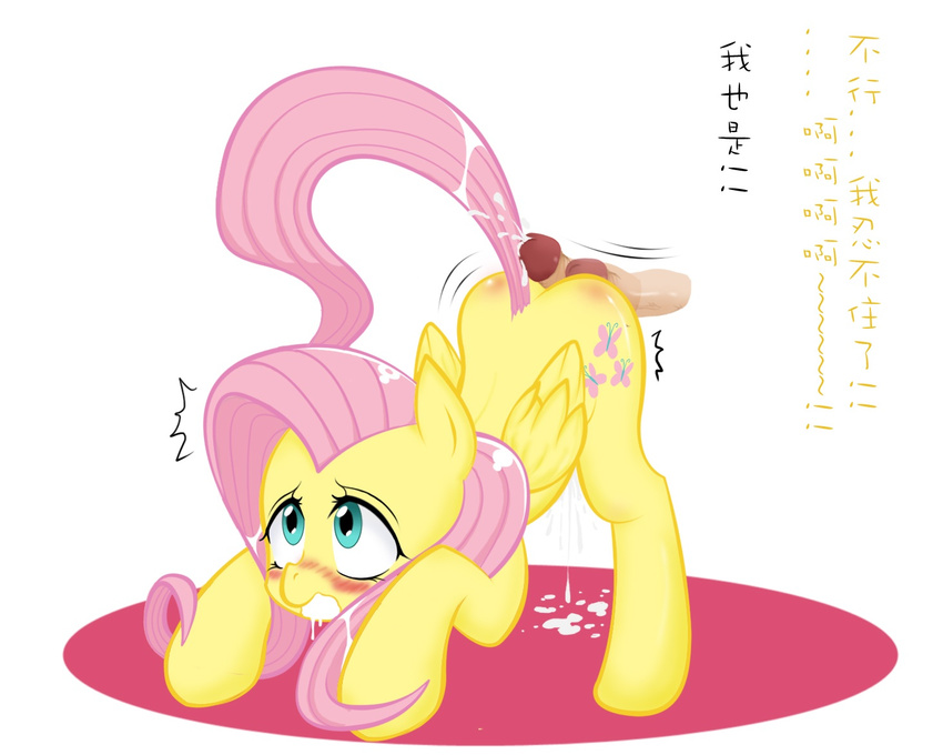 bestiality cum cutie_mark disembodied_penis drooling duo equine female feral fluttershy_(mlp) friendship_is_magic fur green_eyes hair horse hot_dogging human interspecies looking_at_viewer male mammal my_little_pony pegasus penis pink_hair plain_background pony pussy_juice saliva sd_(artist) text translated white_background wings yellow_fur